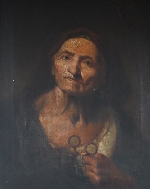 G. Smith (19th. C), oil on canvas, Study of an elderly woman holding spectacles, signed, 56 x 44cm, ornately framed. Condition - poor